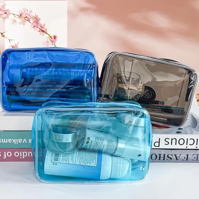 Neon TSA Approved Clear Toiletry Pouch, 7"x2.3"x4.7" Size, PVC Travel Makeup Bags for Toiletries, Transparent Cosmetic Bag for Women and Men Small (blue)