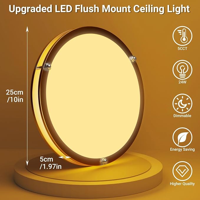 libtit 10Inch Flush Mount Ceiling Lights, 18W Dimmable LED Ceiling Light 3000K-6500K Adjustable, Round Slim Gold Light Fixture for Closet Pantry Hallway Kitchen Bathroom-1 Pack