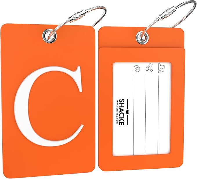 Shacke Luggage Tag Initial – Fully Bendable Tag w/Stainless Steel Loop - Orange (Letter C)