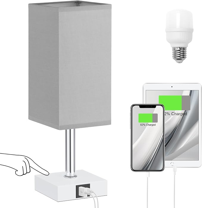 Touch Table Lamp for Bedroom - Dimmable, USB C+A, Grey Lamphade White Base | 3-Way Dimmable, 3000K LED Bulb Included, Square Lampshade, Cute Room Decor for Teen Girls, Kids, Small Lamp for Dorm, Nursery