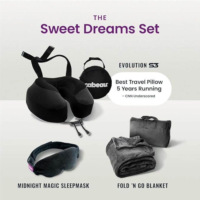 Cabeau Evolution S3 Airplane Travel Pillow for Long Flights - Supportive Memory Foam Body Positioner with Seat Straps to Secure Your Head and Neck and Provides 360 Support (Jet Black)