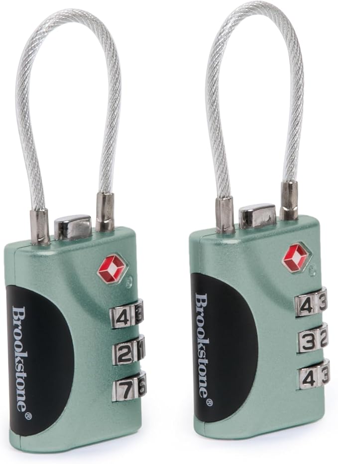 Brookstone Cable Lock - 2 Pack TSA-Approved 3-Digit Keyless Luggage Travel Lock - Resettable Combination Wire Padlock, Vintage Green