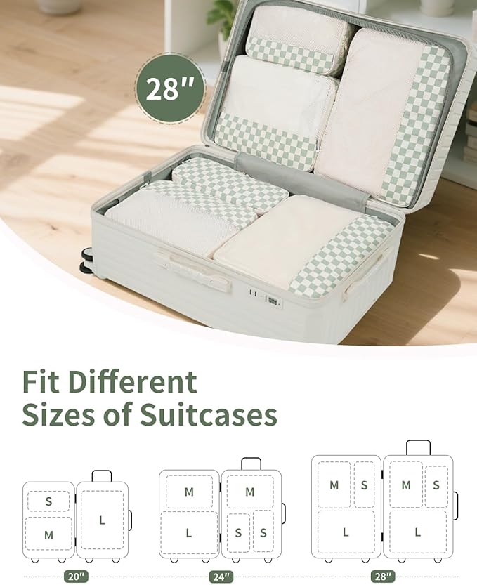 Narwey 7 Set Checkered Packing Cubes for Travel Kids Women, Durable Packing Organizer Bags for Carry on Suitcase Luggage Travel Essentials Accessories (Mint Green Checkerboard)