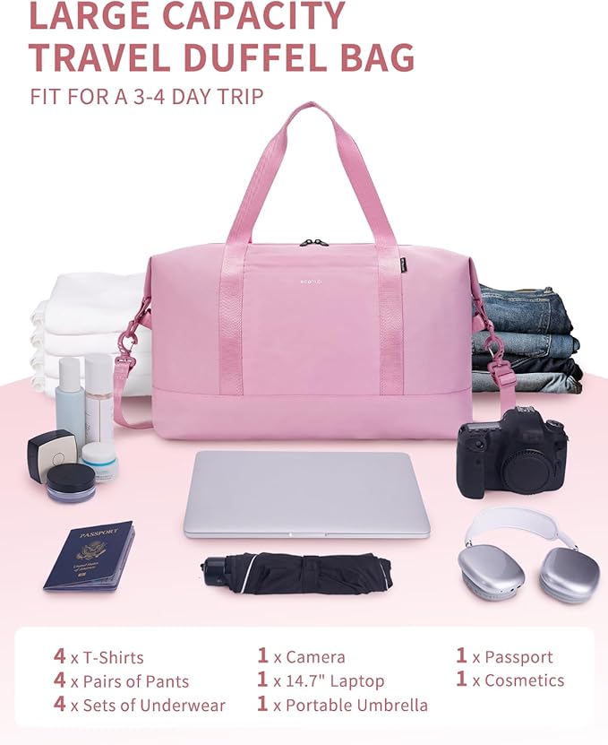 ECOHUB Travel Duffel Bag, Water Resistant Weekender Bag Carry On Bags for Women, Sport Gym Bags for Men, Hospital Bag for Labor and Delivery, Overnight Bag Luggage Bag with Trolley Sleeve 30L Pink