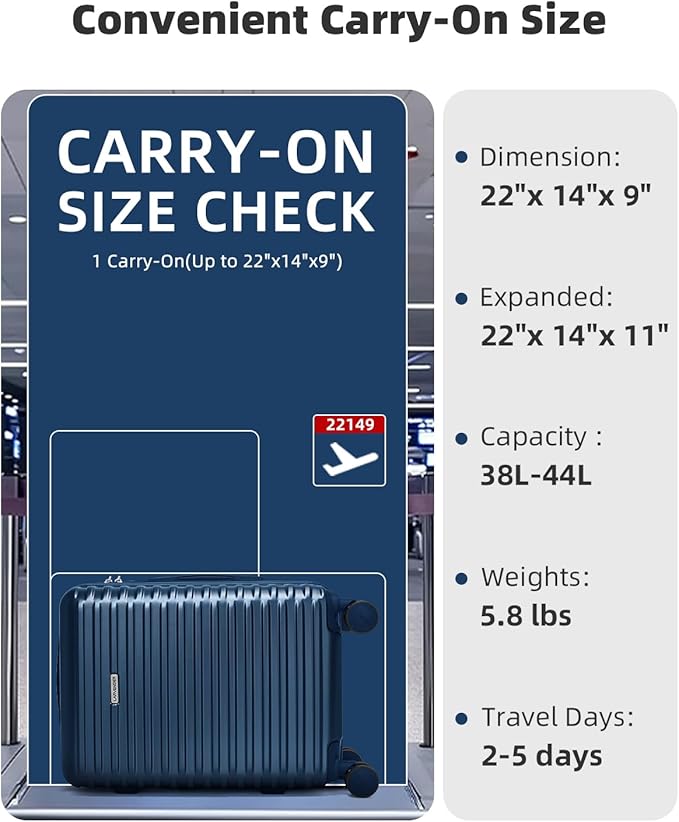 LARVENDER Carry on Luggage 22x14x9 Airline Approved, 20 Inch Expandable Hardside Suitcase with Wheels TSA Lock, PC+ABS Lightweight Carry on Suitcases for Women and Men, Dark Blue
