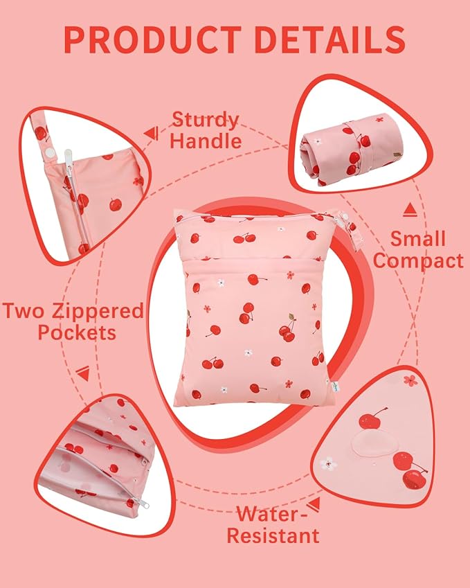 babygoal Wet Dry Bags 3 Pack, Waterproof Travel Bags for Swimsuits, Beach, Pool, Gym,Food Storage and Wet Clothes(Cherry,Flamingo,Polka Dot),3LN42-B
