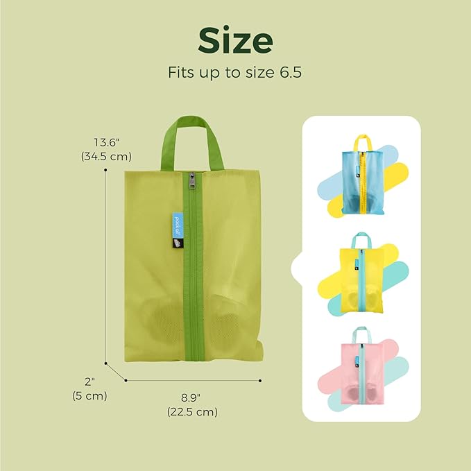 pack all Kids Shoe Bag for Travel, Water-Resistant Shoe Pouch for Gym, Odor-Resistant Soccer Cleats Bag for Sport, Cute Design for Girls, Boys, Toddlers (Green)