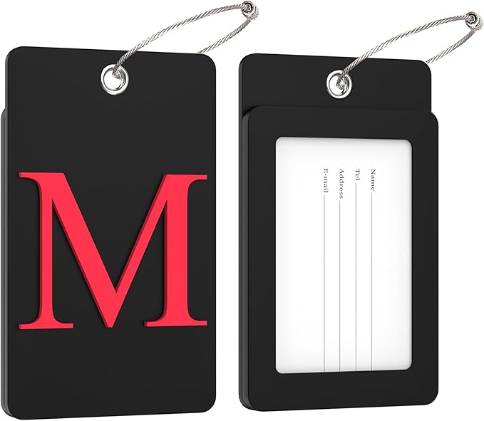 Gostwo 2 Pack Luggage Tags for Suitcases, 26 Initial Letter Travel Luggage Baggage Identification Labels ID Tag Fully Bendable Tags with Stainless Steel Loop (Black) (Letter M)