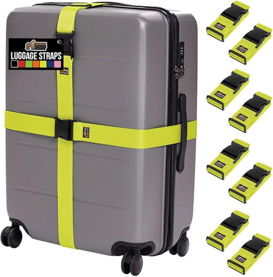GORILLA GRIP Heavy Duty 8 Pack Adjustable Luggage Straps for Suitcases, Easy to Identify Travel Belt Connector Holds Suitcase Together, Extends Life of Bag, Strap Connects Two Bags, Accessories Yellow
