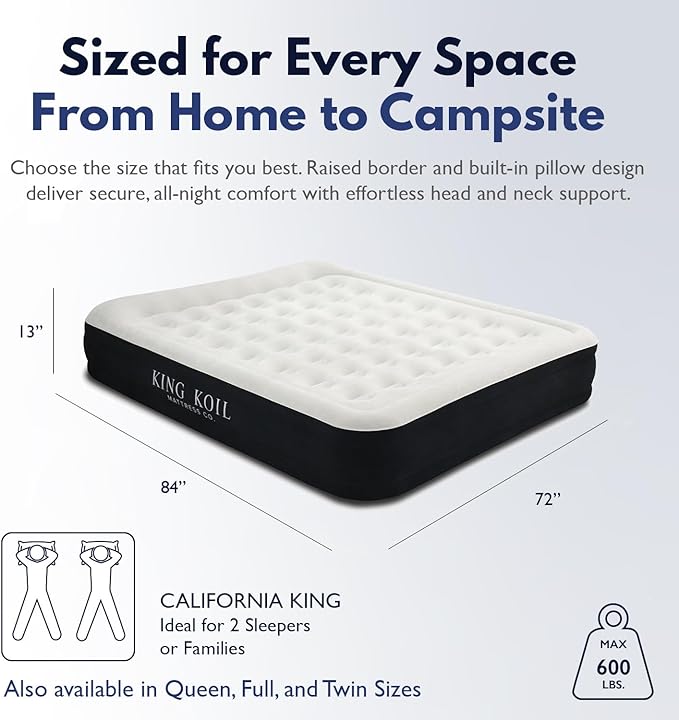 King Koil Luxury Plush Pillow Top California King Air Mattress with Built-in High-Speed Patented Pump for Home, Camping & Guests, Inflatable Double High Blow Up Airbed, Waterproof, 1-Year Warranty