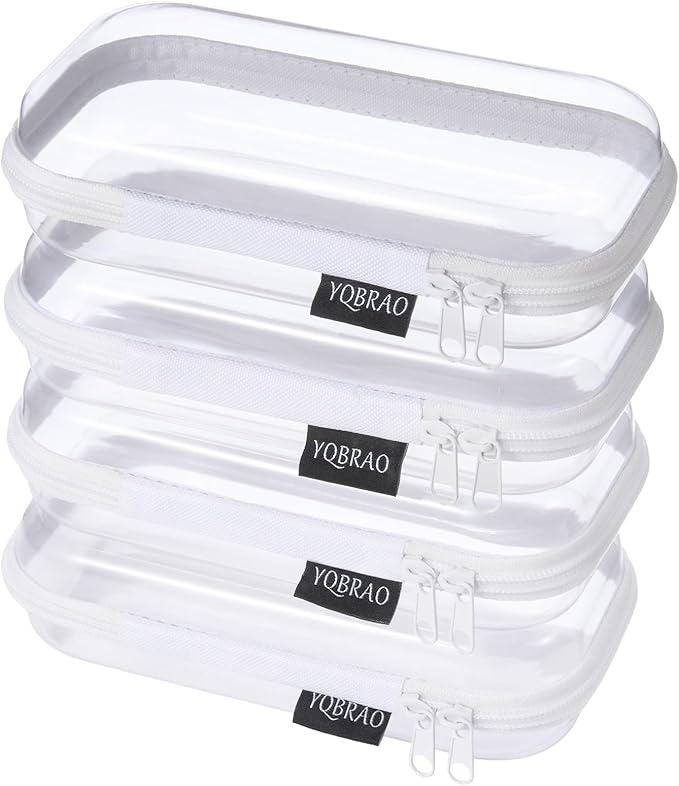 YQBRAO 4 Pack Clear Hard Shell Zipper Case, See-Through Hard Plastic Organizer Pouches with Zipper for Travel, Toiletries, Makeup, Electronics & Pencils - Crush-Resistant Storage (S White)