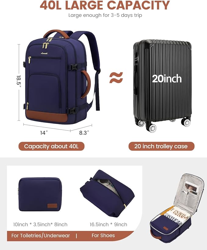 LOVEVOOK Travel Backpack For Women Flight Approved, 40L Large Carry On Backpack, Personal Item Travel Bag for Airplanes, Business 17 Inch Laptop Backpack, Weekender Overnight Daypack, With 2 Cubes