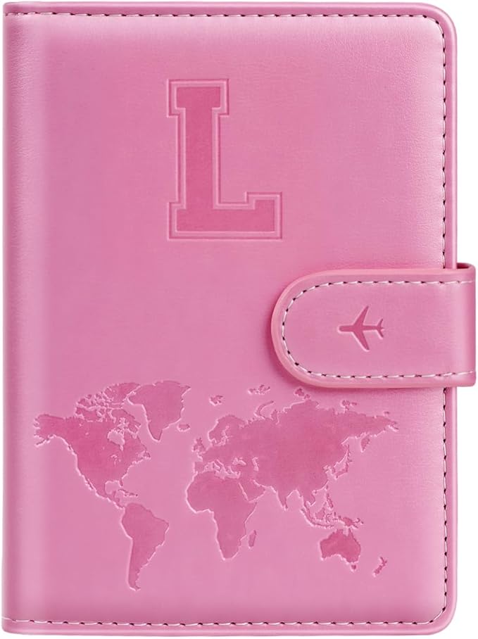 Passport Holder Cover Initail Letter A-Z Travel Wallet Embossed Design RFID Blocking Card Holder Personalized Gift Passport Cover Wallet, Passport Book Holders for Women and Girls, Pink-L