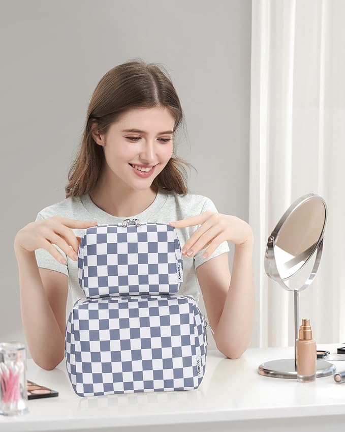 Narwey Small Checkered Makeup Bag for Purse Mini Cosmetic Bag Travel Makeup Pouch Zipper Pouch Cute Make up Bags with Compartments for Women Girls (Grayish Blue Checkerboard, Small)
