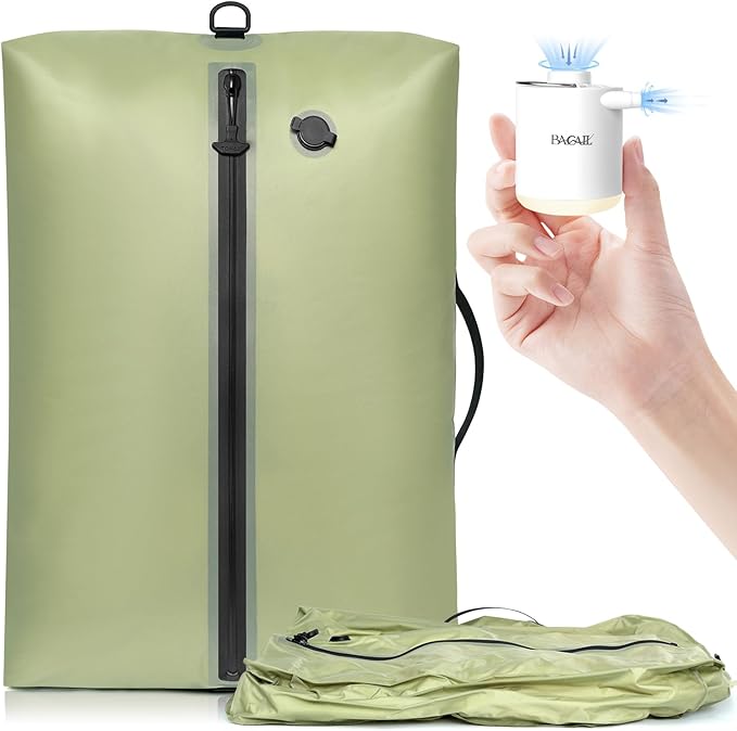 BAGAIL TPU Vacuum Bag for Travel, Reusable Compression Bag with IPX8 Waterproof Zipper, Save Space for Suitcase, Backpack and Carry on (Olive Green, Large, With Pump)