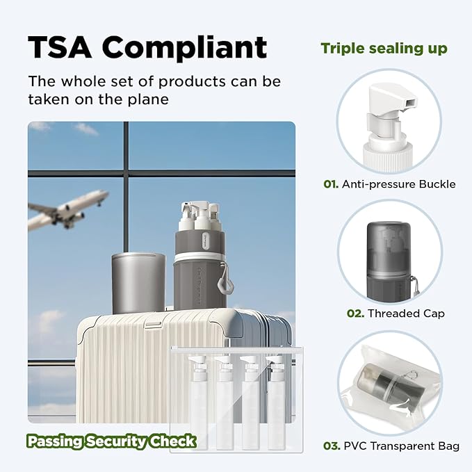 Travel Bottles for Toiletries, TSA Approved Travel Shampoo and Conditioner Bottles with Suction Cups, Gray