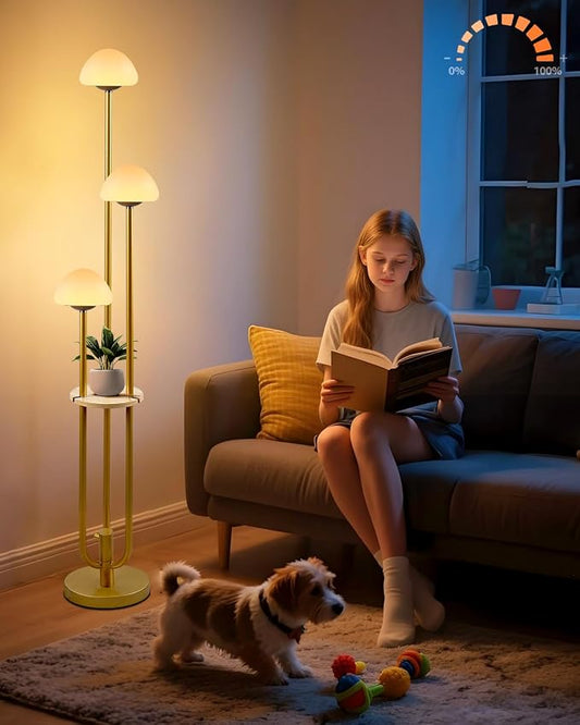 Lightdot Gold Dimmable Floor Lamp with Table, Modern Floor Lamps for Living Room 3000K Warm Bulbs Included Tall Standing Lamp with Mushroom Shades with 5Lbs Heavy Base for Sofa Beside/Corner Decor