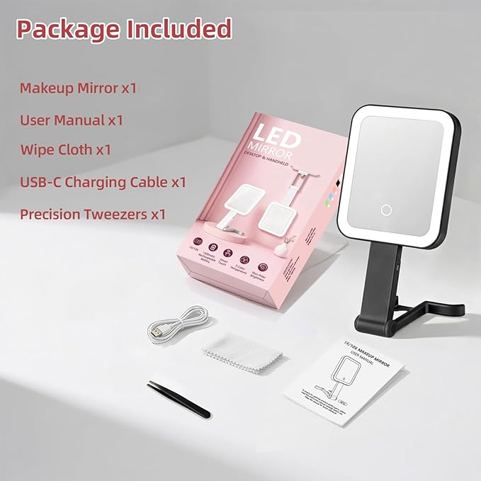 Travel Mirror with Lights, Rechargeable Magnifying Mirror 10X/1X Double-Sided, 3 Color Lighting, Smart Touch Dimming, Precision Tweezers, Lighted Makeup Mirror for Desk, Trip, Office (10.3"x5.2")