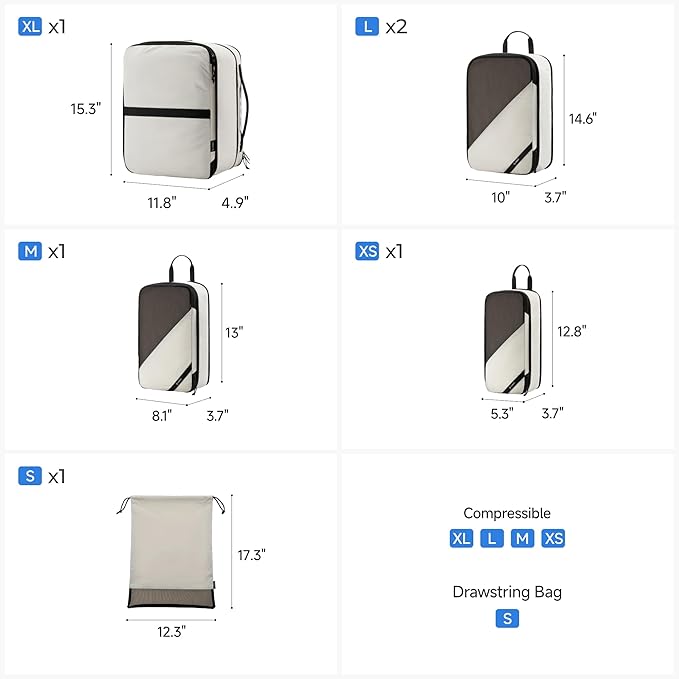 LUGGEX Packing Cubes for Travel, POX01 Luggage Organizers Bags, Suitcase Organizer with Shoe Bag, 6 Set Travel Cubes for Packing (POX-Core, Beige)