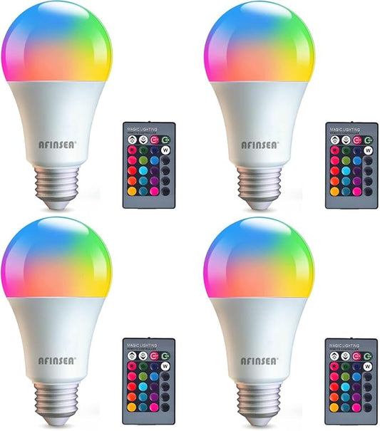 4 Pack RGB Color Changing Light Bulbs with Remote,RGBW LED Light Bulbs,9W Warm White 6500K,16 Color Multicolor A19 E27 Dimmable Memory Function,for Home Decoration,Stage,Bar,Party