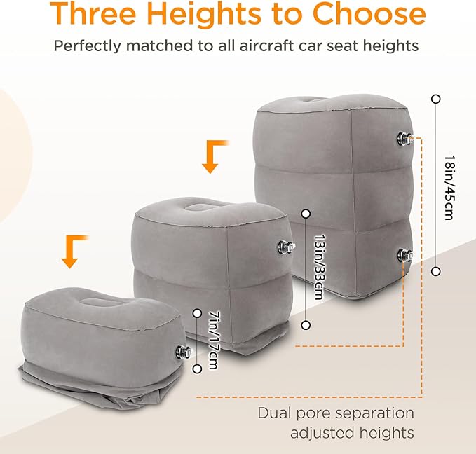 Inflatable Travel Foot Rest Pillow(2-Pack), HOMCA Adjustable Height Leg Pillow Fast Inflating Airplane Bed for Toddlers Footrest Pillow for Office, Airplane, Train, Cars, Home (Grey)