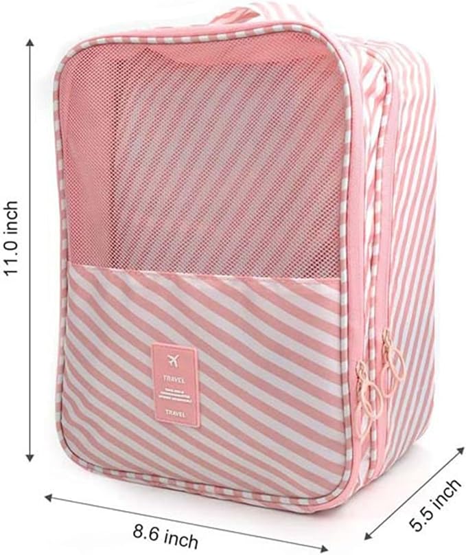 Pink Strip Travel Shoe Bag - Holds 3 Pair of Shoes, Travel Essentials Bag for Flying, Accessories Bag