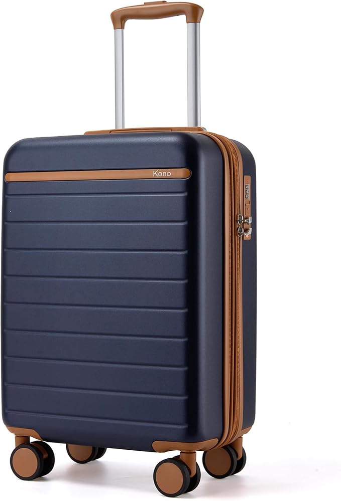 Kono Expandable 20 Inch Carry On Suitcase Airline Approved, Lightweight ABS+PC Hardshell Luggage with 360° Silent Spinner Wheels, Navy/Brown