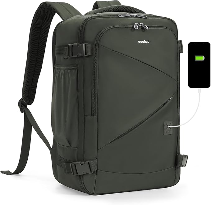 ECOHUB 17" Small Unisex Travel Backpack United Airlines Approved 17x10x9 Friendly Suitcase Anti-Theft Lockable Zippers Style Personal Item Bag Travel Essentials with 12 Pockets Water Resistant, Green