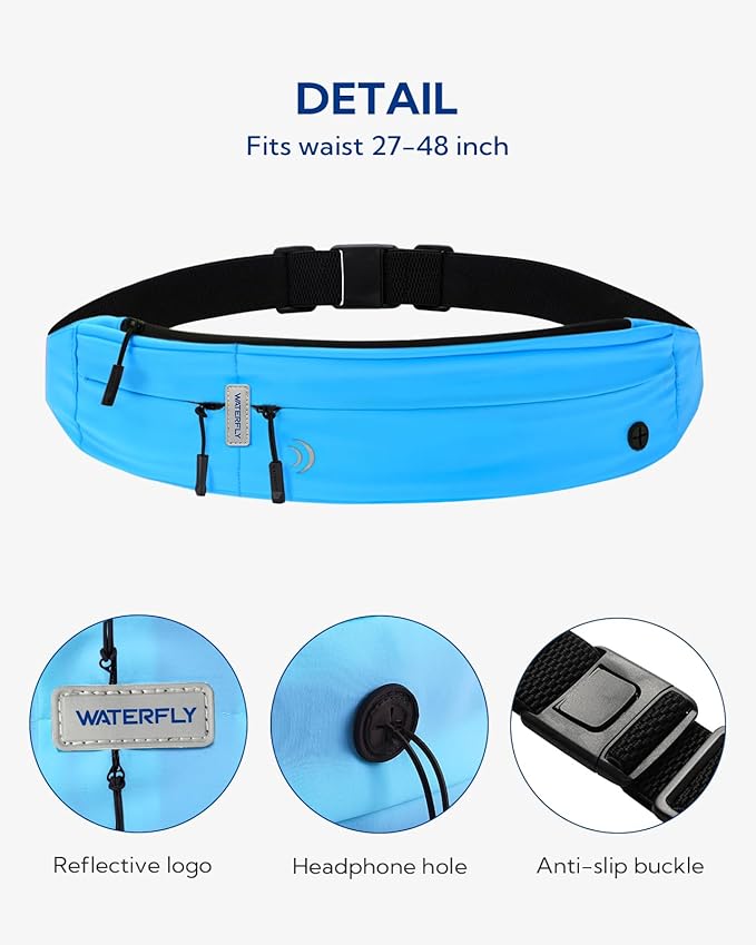 WATERFLY Running Belt Fanny Pack: Runner Marathon Jogging Waist Pack Sport Workout Exercise Fitness Phone Holder Belt for Men Women Jogger Slim Waistband
