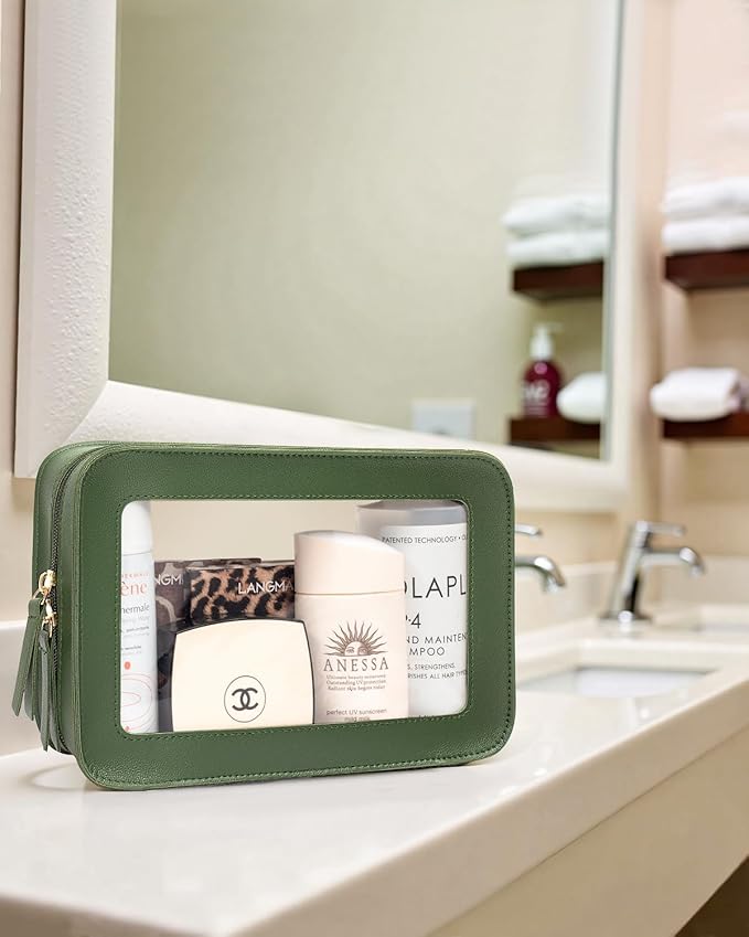 LETGO Clear Makeup Bags, TSA Approved Toiletry Bag with Zipper, Travel Makeup Organizer Fit Carry-on Travel Essentials,Small Cosmetic Bags Pouch for Women Men (Clear-Vintage Green)