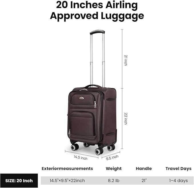 20'' Carry on Luggage,Softside Suitcase w/Combination LOCK,Expandable 15% Luggage w/Double Spinner Wheels,Lightweight Rolling Suitcases for Men/Women（Coffee,20in）