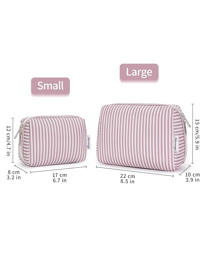 Narwey Small Striped Makeup Bag for Purse Mini Cosmetic Bag Travel Makeup Pouch Zipper Pouch Cute Make up Bags with Compartments for Women Girls (Dusty Rose Stripe, Small)