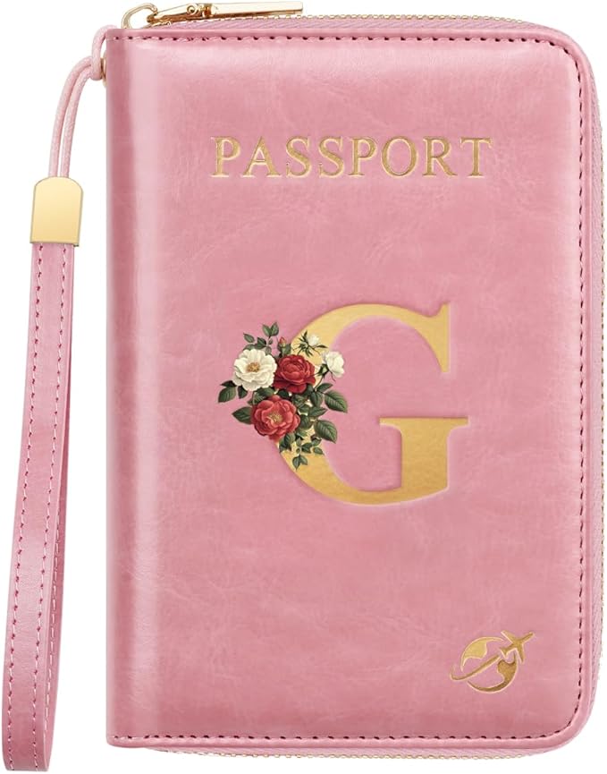 Passport Holder for Travel Personalized Passport Holder Initial Letter Rose Flower RFID Blocking Travel Wallets Credit Cards Holder for Women Men, Pink G