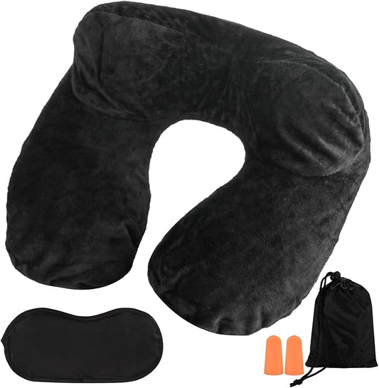 Air-Filled Travel Pillows for Sleeping Airplane Neck Support for Traveling Pillow Inflatable Travel Neck Pillows for Air-Filled Neck Pillow Airplane, with Eye Masks, Earplugs (Black, Adult)