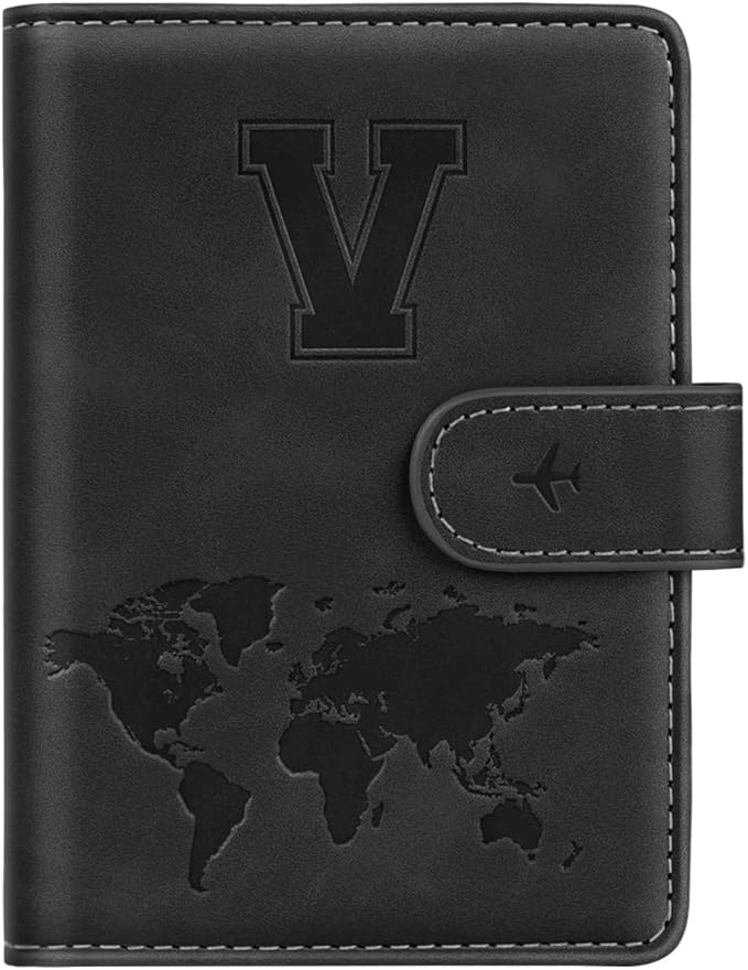 Passport Holder Wallet Cover Personalized Letter A-Z Travel Wallet RFID Blocking Passport Cover Wallet Case for Travel Passport Book Holders for Women and Men, Black-V
