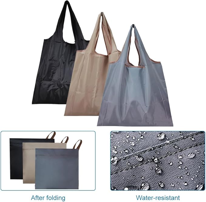 Foldable Shopping Bags, 3-Pack, 50lb Capacity Reusable Tote Bags with Handles, Machine Washable, Black Gray Beige | Folds to pocket size, Machine washable, Quick-drying, Reusable design, Sustainable, Long-term durability