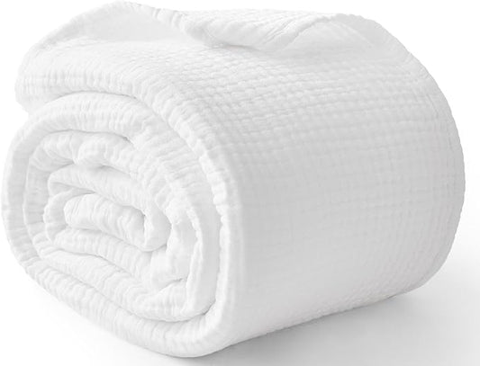 100% Cotton Muslin Blanket California King 120" x 90", 6 Layers Breathable and Lightweight Oversized Blankets for Bed, Soft Cooling Gauze Blanket for Adults All Season, White