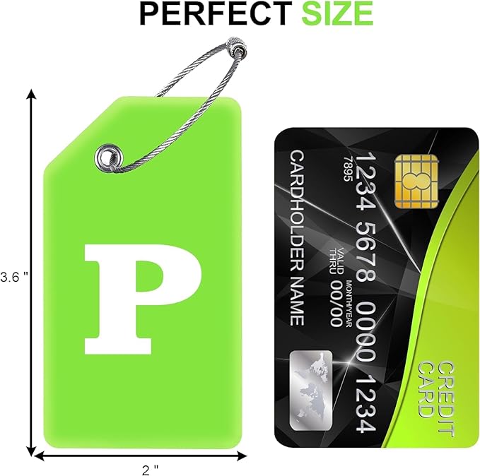 Gostwo 8 Pack Luggage Tags for Suitcases, 26 Initial Letter Travel Luggage Baggage Identification Labels ID Tags Fully Bendable Tags with Stainless Steel Loop (Letter P, Green)