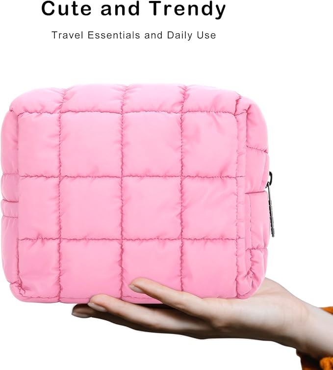 E-Tree Cute Makeup Bag,Quilted Cosmetic Bag for Women,Make up Pouch for Purse,Toiletry Zipper Pouch,Checkered Bag,Travel Case,Storage Pouches for Organization (Pink)