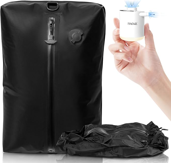 BAGAIL TPU Vacuum Bag for Travel, Reusable Compression Bag with IPX8 Waterproof Zipper, Save Space for Suitcase, Backpack and Carry on (Jet Black, Large, With Pump)