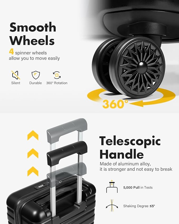 Lekesky Carry On Luggage 22x14x9 Airline Approved, 20 Inch Hard Shell Suitcase with TSA Lock, Lightweight Spinner Wheels Durable ABS Carry-On for Travel Weekend Trips Men Women, Black