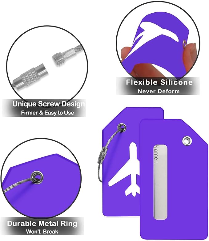 Luggage Tags for Suitcases, Quickly Spot 8Pcs Luggage Identifier Tags, Travel Essentials Accessories Name Tags for Backpacks, Suitcases, Travel Bags, Baggage, Cruise - Flexible Silicone (Purple)
