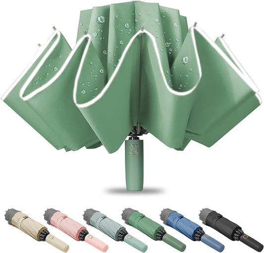 Fogkey Large Windproof Travel Umbrella, Portable Reverse Folding Car Umbrella, Compact Inverted Design with Waterproof Canopy, Automatic, 10 Durable Ribs, 45.6/13 Inch, Fits Backpack