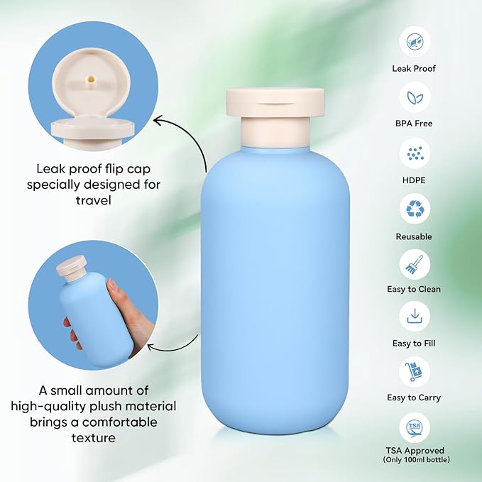 DEMORA 6.6oz Travel Bottles for Toiletries, Larger Plastic Travel Squeeze Bottles Leak Proof Refillable Toiletry Containers with Flip Caps and Labels for Shampoo Conditioner Lotion (Blue, 4 Pcs)
