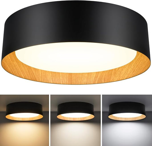 BrightHome Flush Mount Ceiling Light, 13in Modern Ceiling Light 3/4/5000K | 25W Bathroom Ceiling Light Fixture, 2600LM Dimmable LED Flush Mount Light for Bedroom, Hallway, Kitchen, Black & Wood