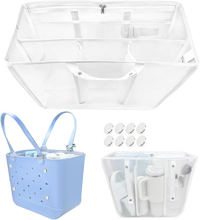 XYFuuee Beach Bag Organizer Insert for XL Simple Modern Bag Accessories with 8 Removable Metal Fasteners, Extra Large Lightweight Mesh Inserts Divider Pouch, Organizing Rubber Tote, Save Space, White
