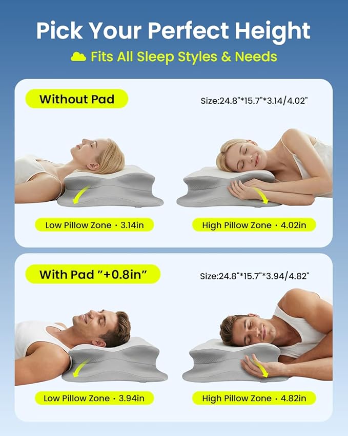 Cervical Pillow for Neck Pain Relief, 4-Height Adjustable Oeko-TEX Memory Foam Contour Pillow for Sleeping, Ergonomic Orthopedic Cooling Neck Pillow for Side Back Stomach Sleepers, Arm Support