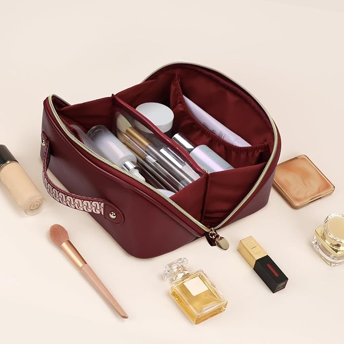 Prite Makeup Bag for Women Travel Waterproof Vegan Leather Cosmetic Bag Open Flat Toiletry Bag With Clear Divider and Handle (Dark Red)