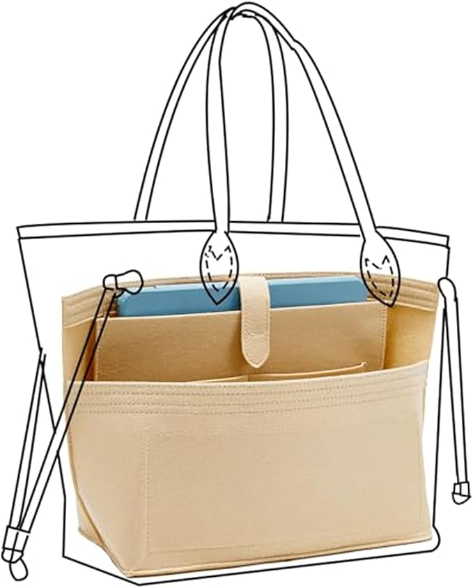 Purse Organizer Insert with Laptop Sleeve, Premium Felt Neverfull MM Organizer, Tote Bag Divider Liner with Zipper and Cup Holder Pockets,7 Compartments Handbag Shaper, Beige