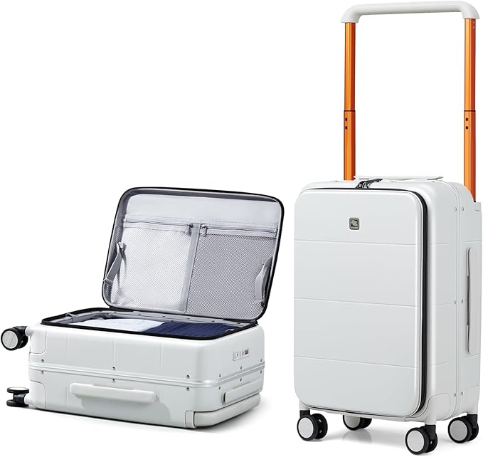 Hanke Top Opening Carry On Luggage, 20 Inch All-PC Aluminum Frame Wide Handle Luggage, Hard Shell Trunk Suitcase with Spinner Wheels, TSA Airline Approved (Smoke White, 40L)